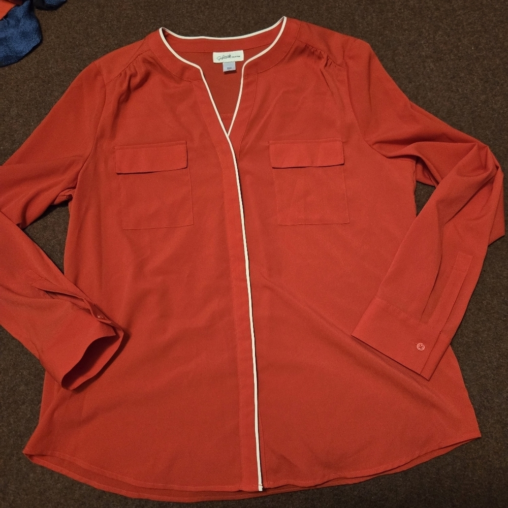 Jacklyn Smith Long Sleeve Button Up Red Casual Top Size Large 2017 Collection